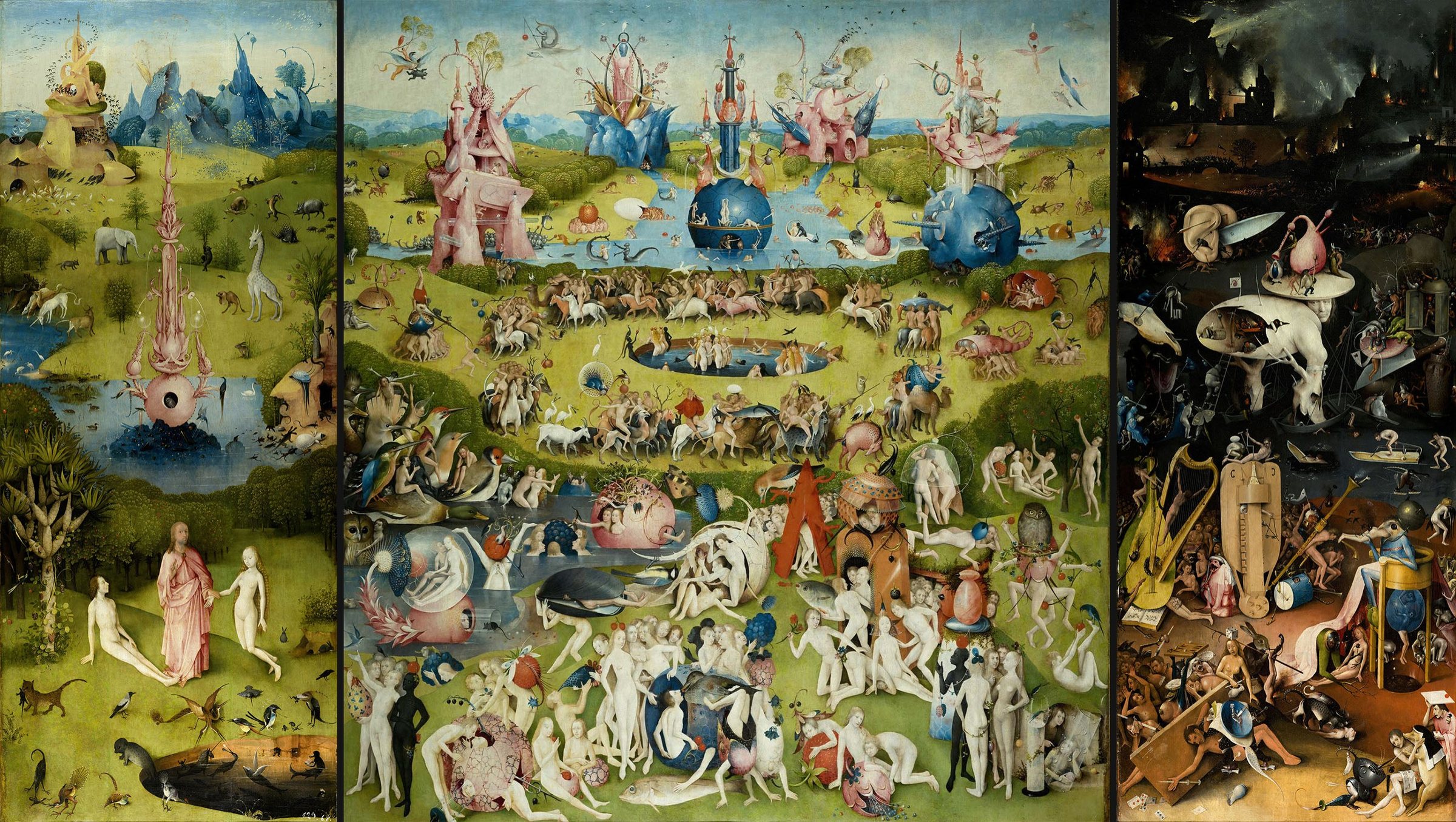 Hieronymus Bosch's Garden of Earthly Delights, open, with paradise, the garden of pleasures and hell side by side; the whole triptych.