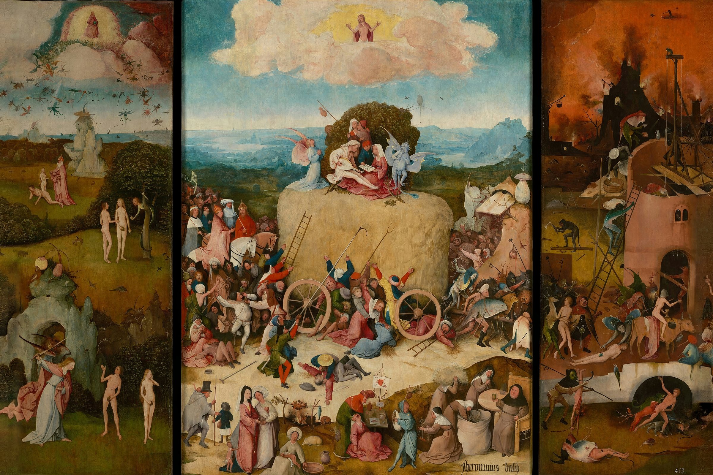 Hieronymus Bosch's Haywain Triptych, open: paradise and the fall on the left wing, a great cart of hay surrounded by a scrambling crowd in the centre and hell on the right wing; the whole triptych.