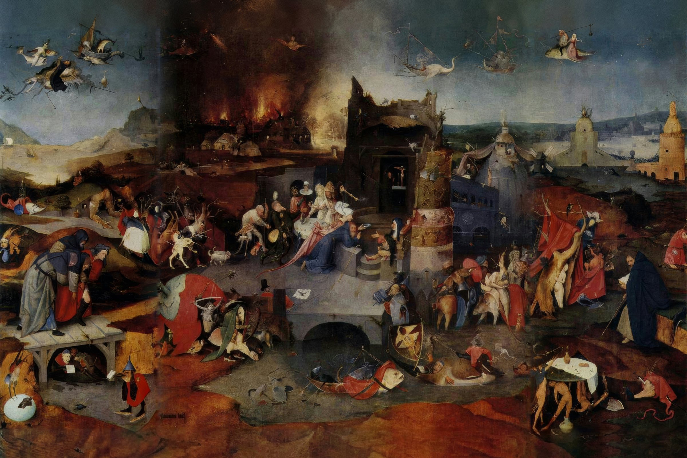 Hieronymus Bosch's Temptation of Saint Anthony triptych in Lisbon, open: flying fish and ships in the sky, a burning village, and the saint kneeling among demons at the centre; the whole triptych.