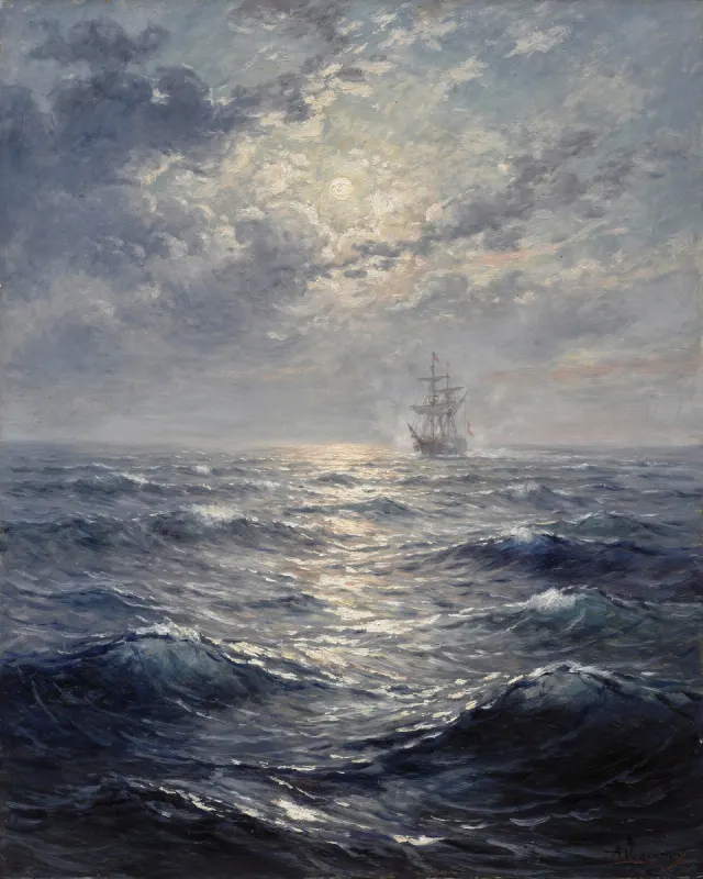 a tall ship under a clouded moon