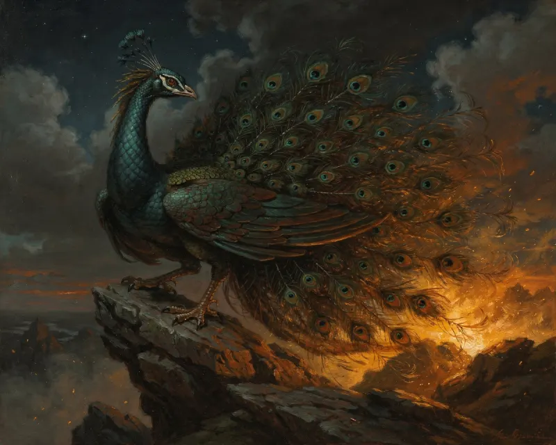 a peacock on a cliff, tail full of embers