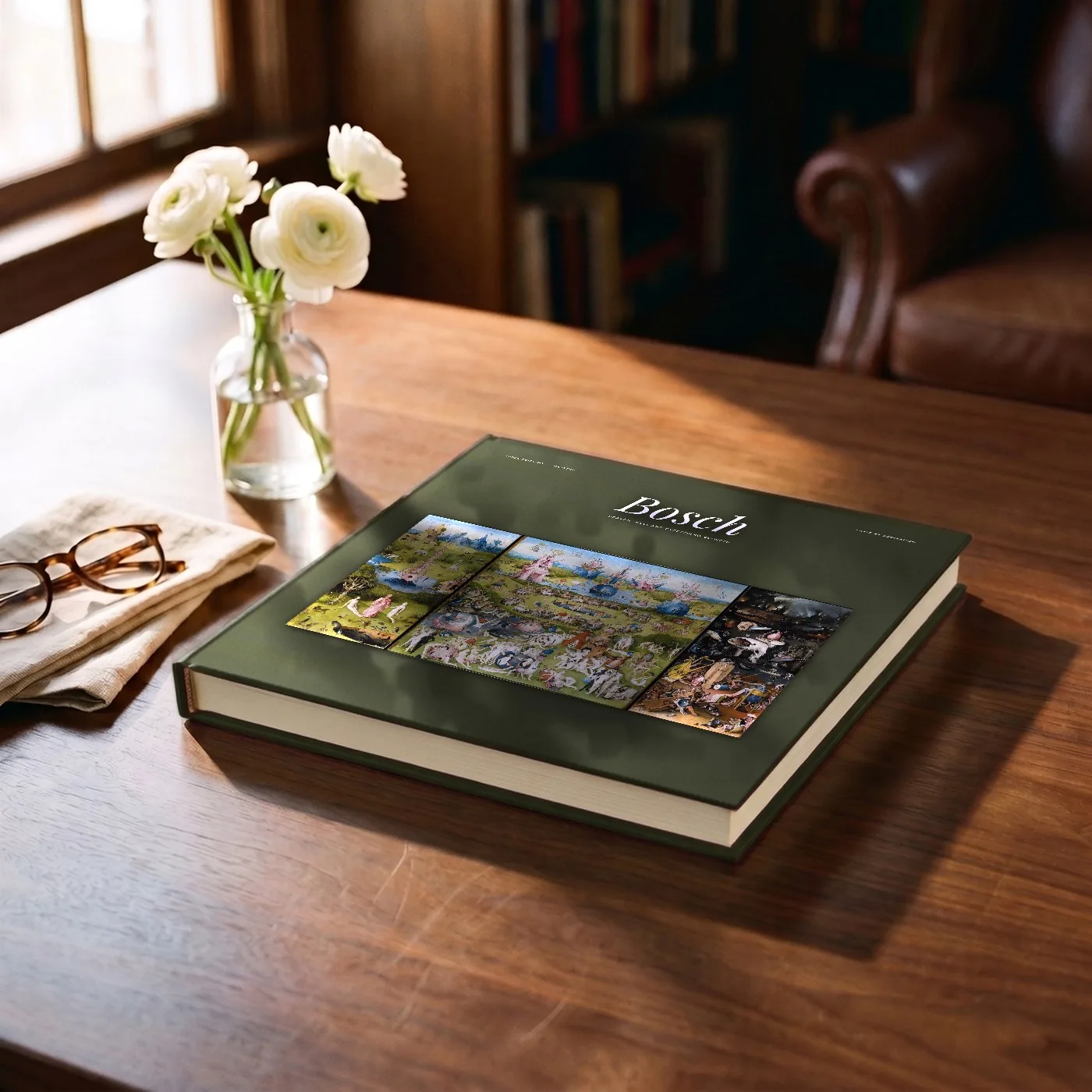 The Fable Editions Hieronymus Bosch book closed on a wooden table, its green cover showing The Garden of Earthly Delights open, beside a vase of white flowers and a pair of glasses.