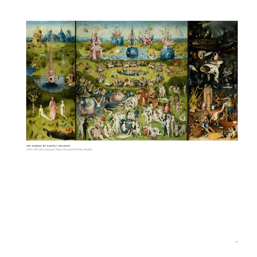 A sample page of the Bosch book with The Garden of Earthly Delights shown whole, its three panels side by side, above a short caption.