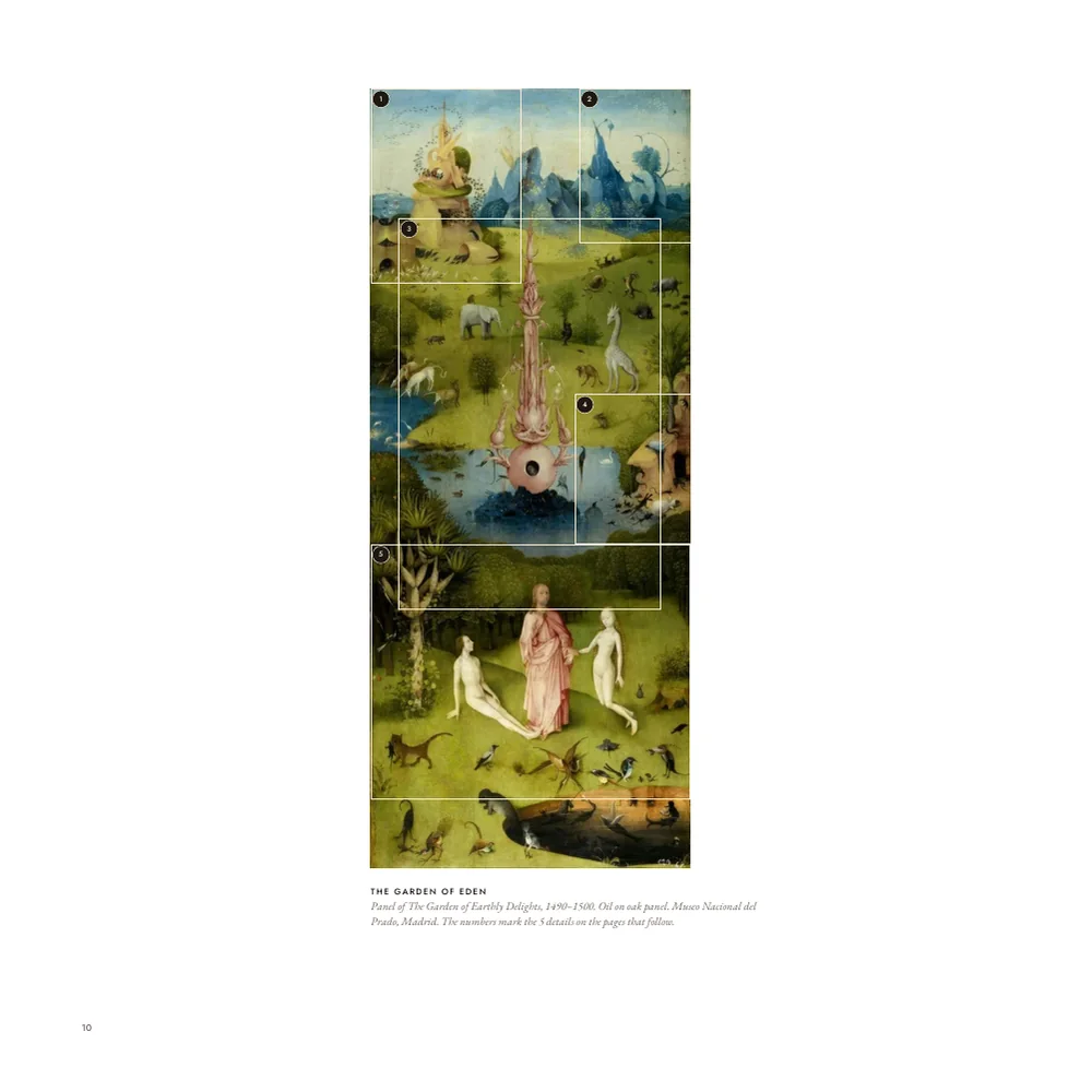 A sample page of the Bosch book showing the left wing of the Garden, the Garden of Eden, with numbered outlines marking its details.