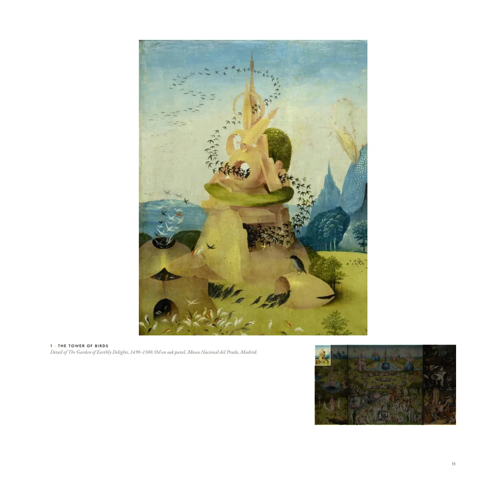 A sample page of the Bosch book with the Tower of Birds detail large and a small copy of the whole triptych below it, the detail's area lit.