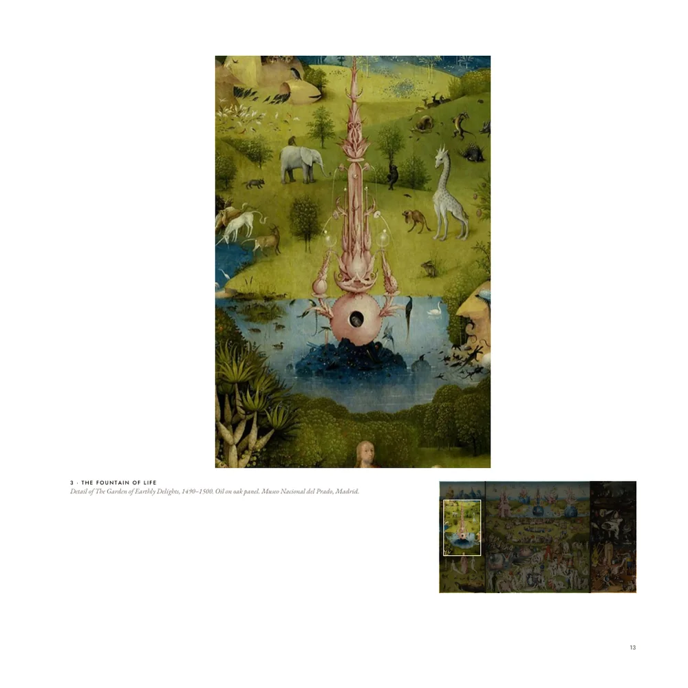 A sample page of the Bosch book with the pink Fountain of Life in its pond, and the small triptych below with its place lit.