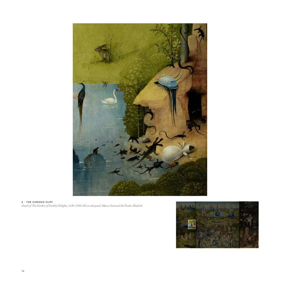 A sample page of the Bosch book with the Curious Cliff detail, a rock formation by the water, and the small triptych below.
