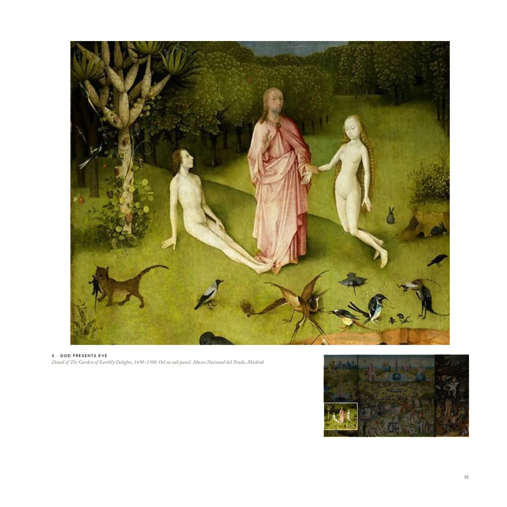 A sample page of the Bosch book with God presenting Eve to Adam in the Garden of Eden, and the small triptych below with the scene's area lit.