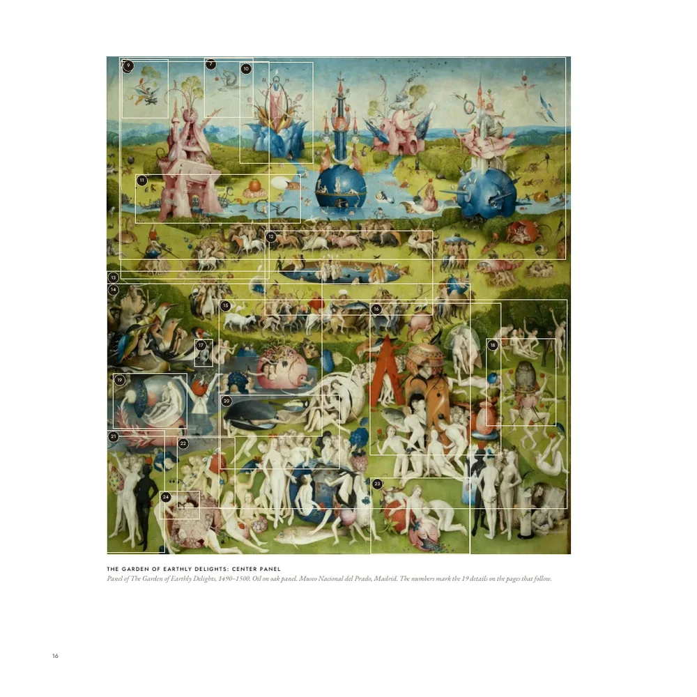 A sample page of the Bosch book showing the centre panel of the Garden of Earthly Delights with numbered outlines over its details.