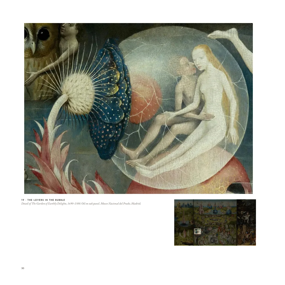 A sample page of the Bosch book with two lovers inside a transparent bubble, and the small triptych below with its place lit.