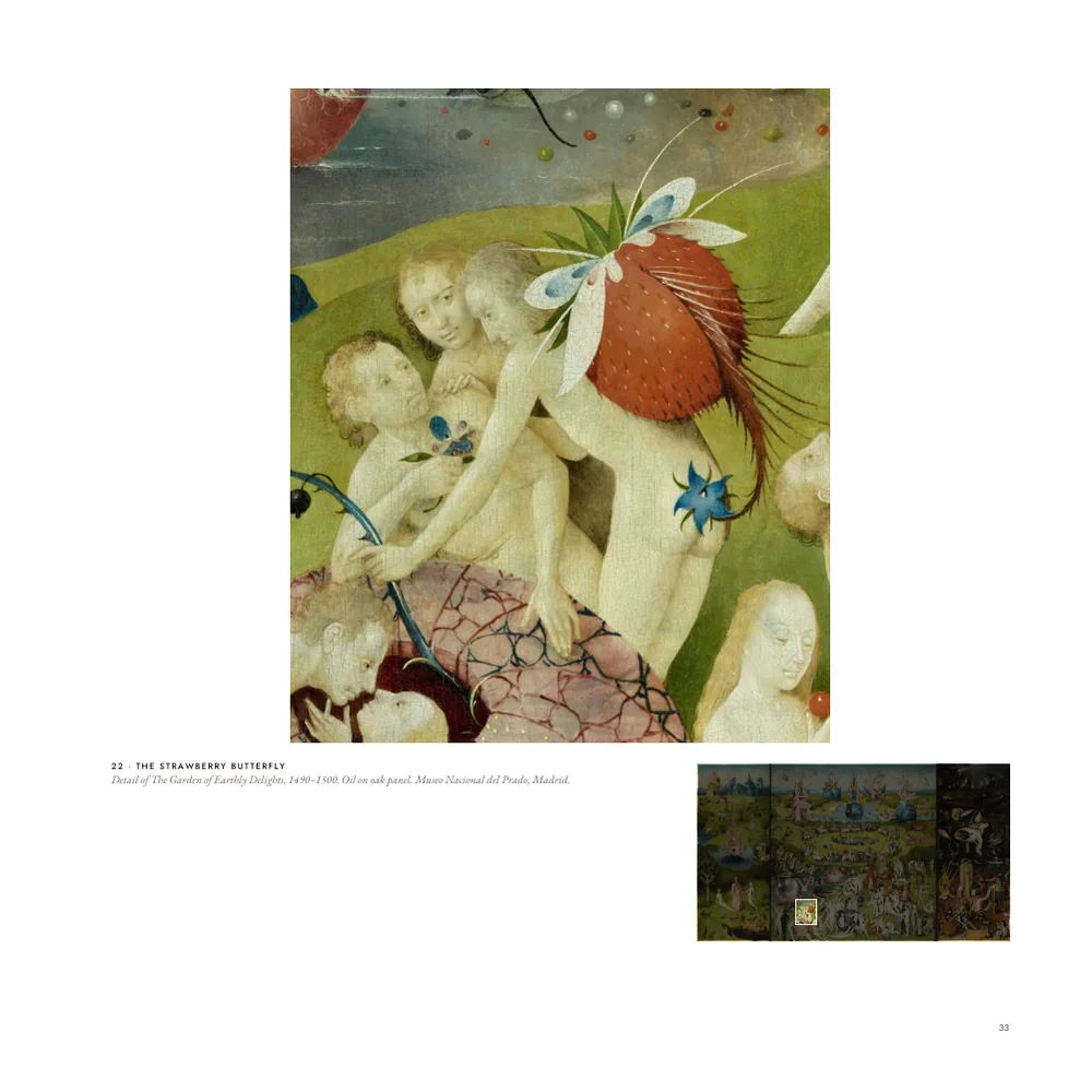 A sample page of the Bosch book with figures beneath a winged strawberry, and the small triptych below with the detail's area lit.