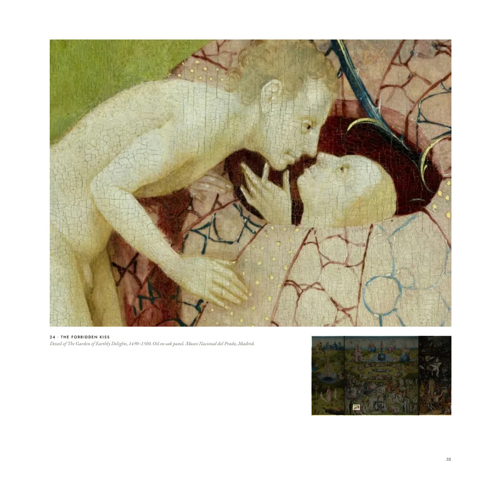 A sample page of the Bosch book with a close detail of two figures kissing, and the small triptych below.