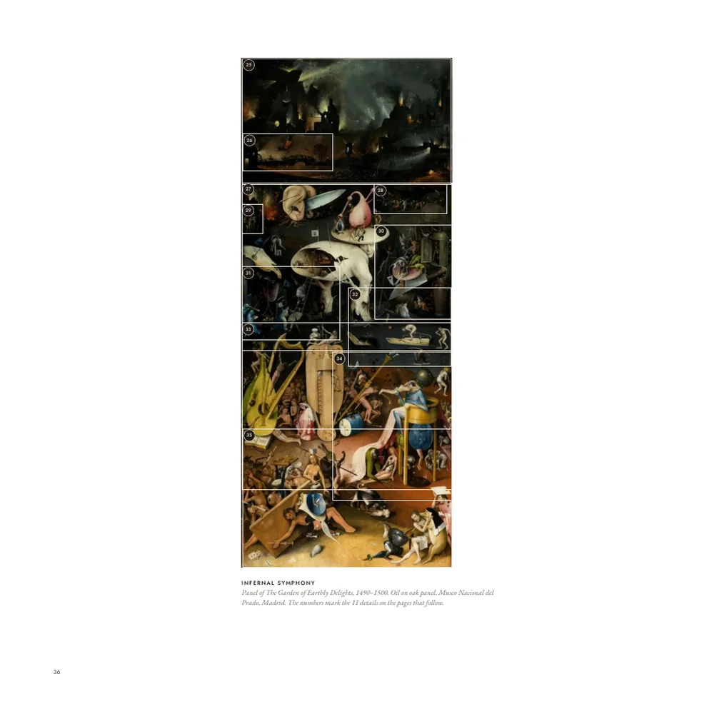 A sample page of the Bosch book showing the right wing of the Garden, hell, with numbered outlines marking its details.