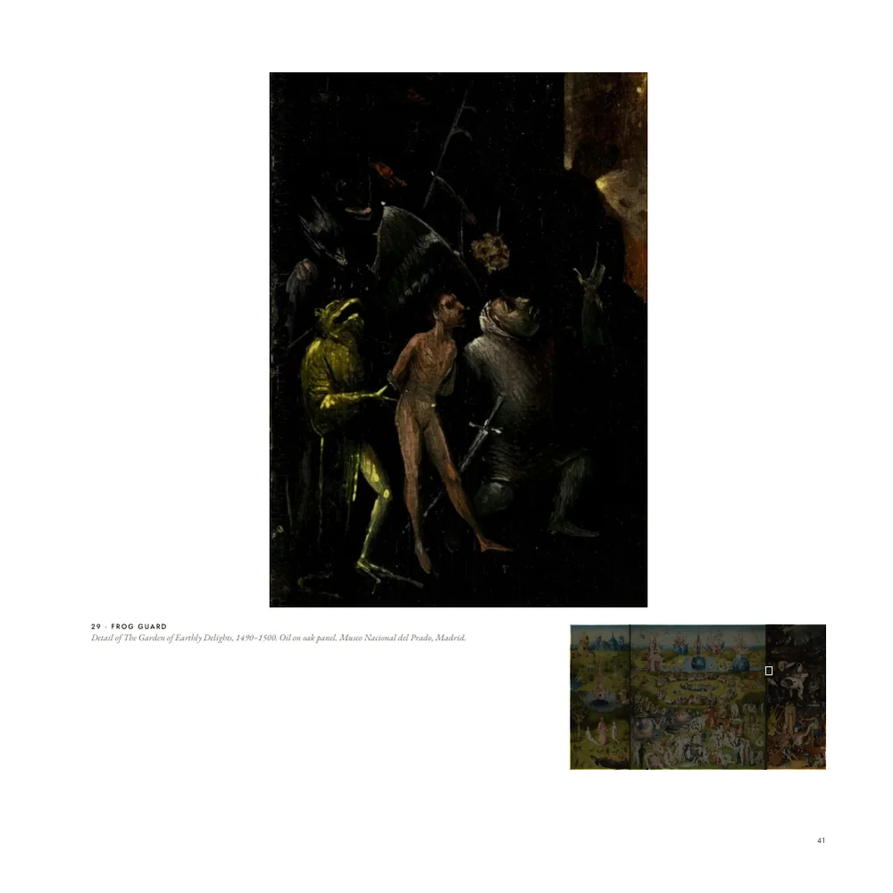 A sample page of the Bosch book with the Frog Guard detail from the dark right wing, and the small triptych below with its place lit.