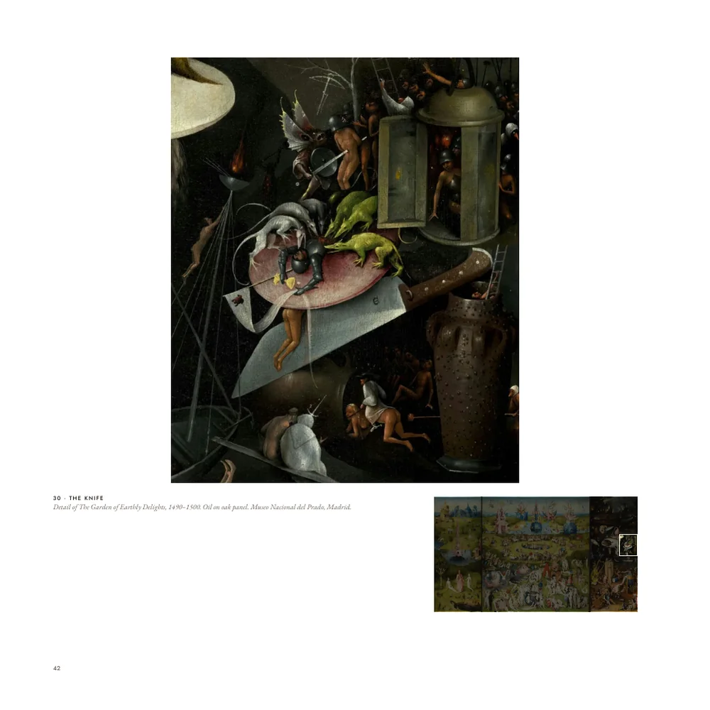 A sample page of the Bosch book with the Knife detail from hell, and the small triptych below with its place lit.