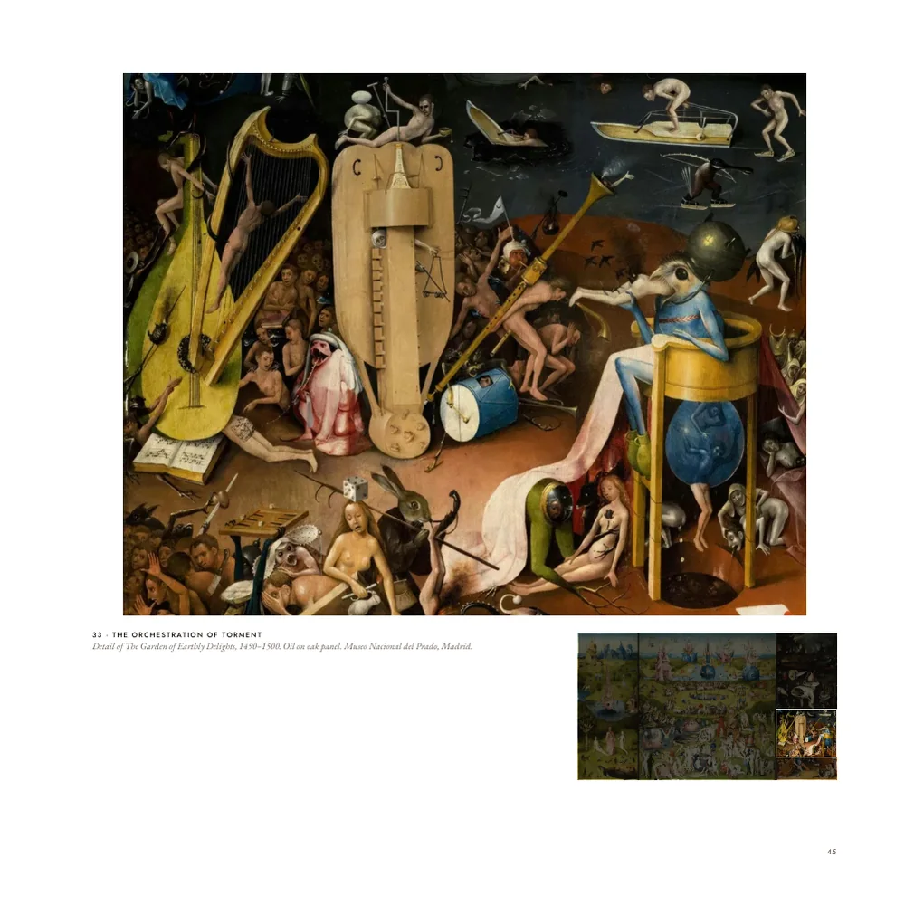A sample page of the Bosch book with the Orchestration of Torment, the musical instruments of hell, and the small triptych below.