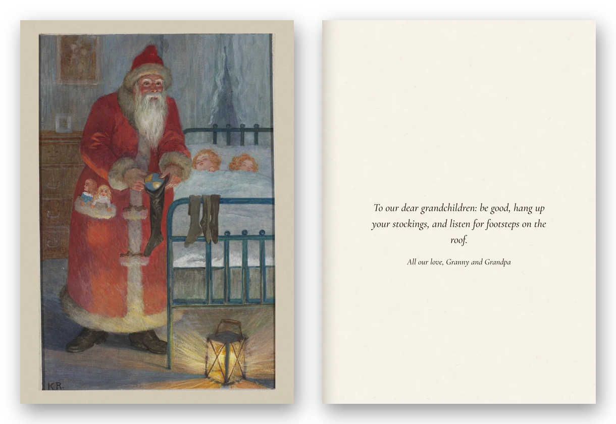 Father Christmas in a long red robe fills a stocking at the end of a bed where two children sleep, a lantern glowing on the floor, beside the open card and a message to grandchildren.