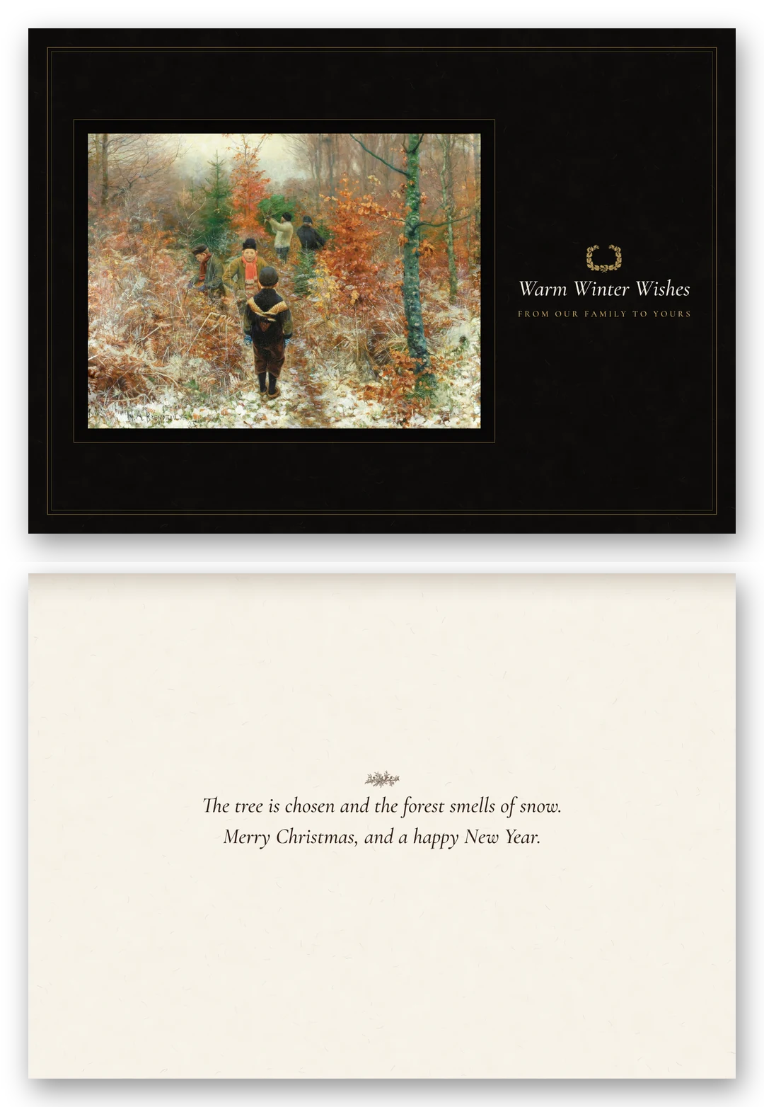 A wide dark card with Brendekilde's painting of boys walking into a frosty wood to fetch a Christmas tree, lettered Warm Winter Wishes, above the open card.