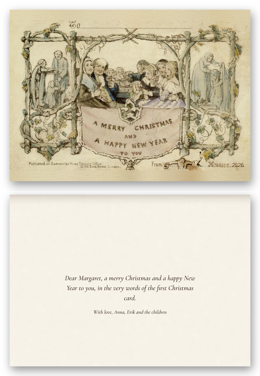 The front of the first Christmas card, a family raising glasses inside a trellis of branches above the words A Merry Christmas and a Happy New Year to you, beside the open card with a handwritten-style message inside.