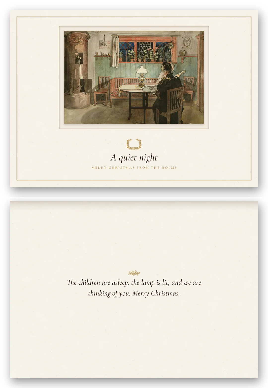 A wide card with Carl Larsson's painting of a figure reading by an oil lamp in a quiet room, the greeting A quiet night beneath it, above the open card.