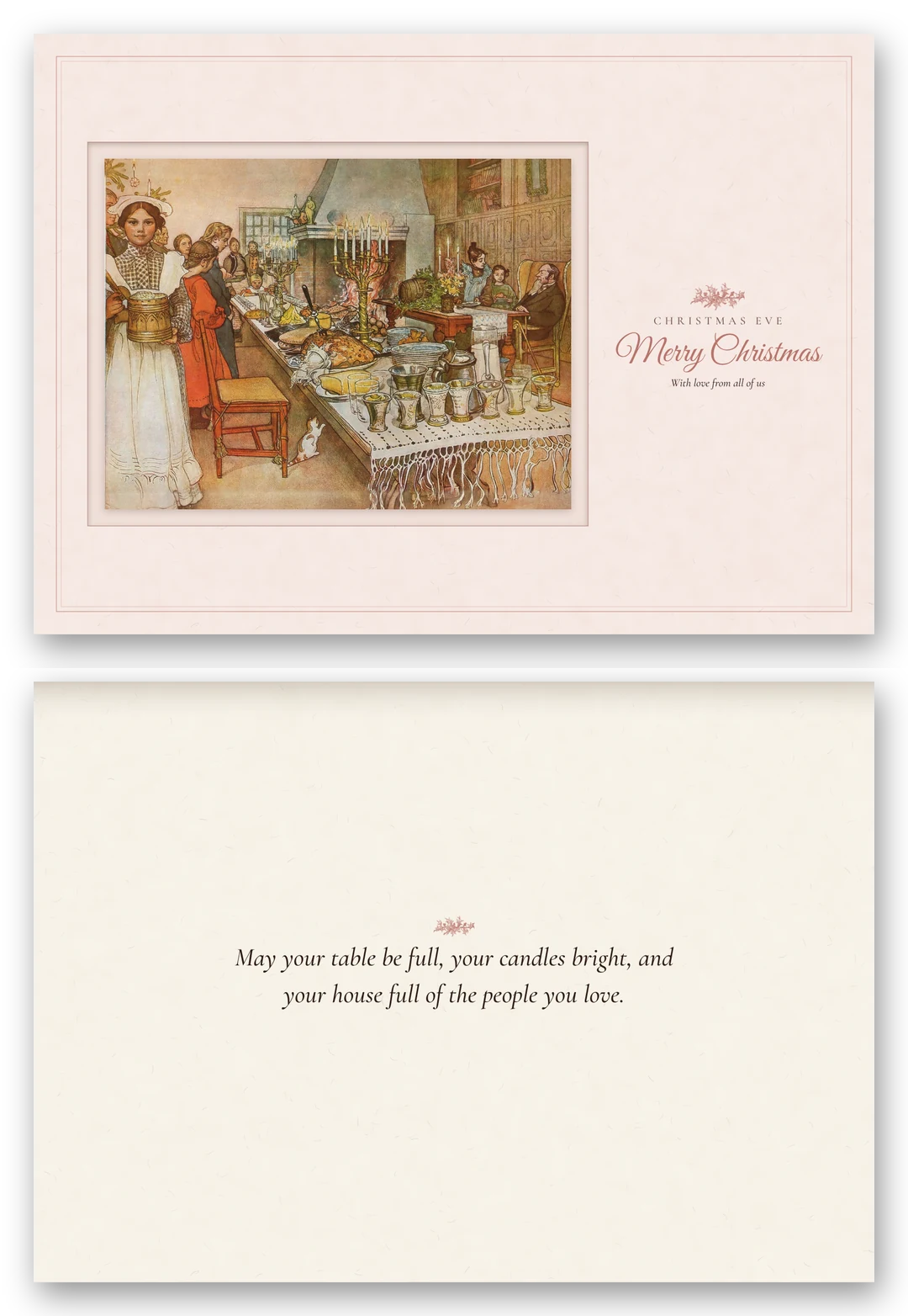 A wide card with Carl Larsson's Christmas Eve, a long table laid with a feast beside a fire and candelabras, lettered Merry Christmas in rose script, above the open card.
