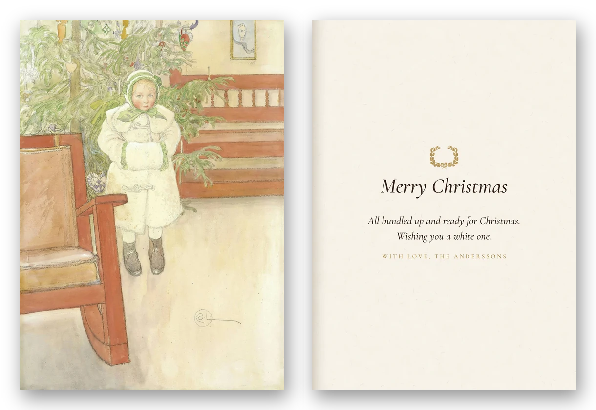 A card whose whole front is Carl Larsson's painting of a little girl in a white winter coat beside a red rocking chair and a Christmas tree, beside the inside page lettered Merry Christmas.