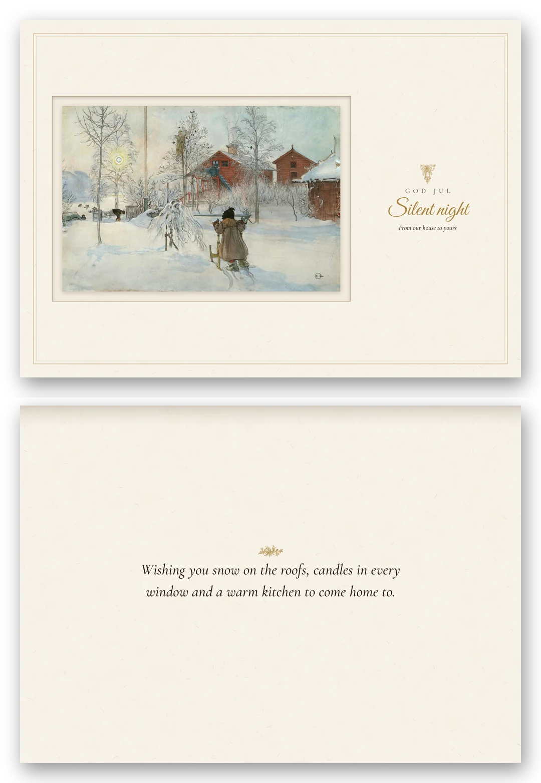 A wide card with Carl Larsson's watercolour of a snowy yard with red buildings and a child on a kicksled, lettered God Jul, Silent night, beside the open card with a message inside.