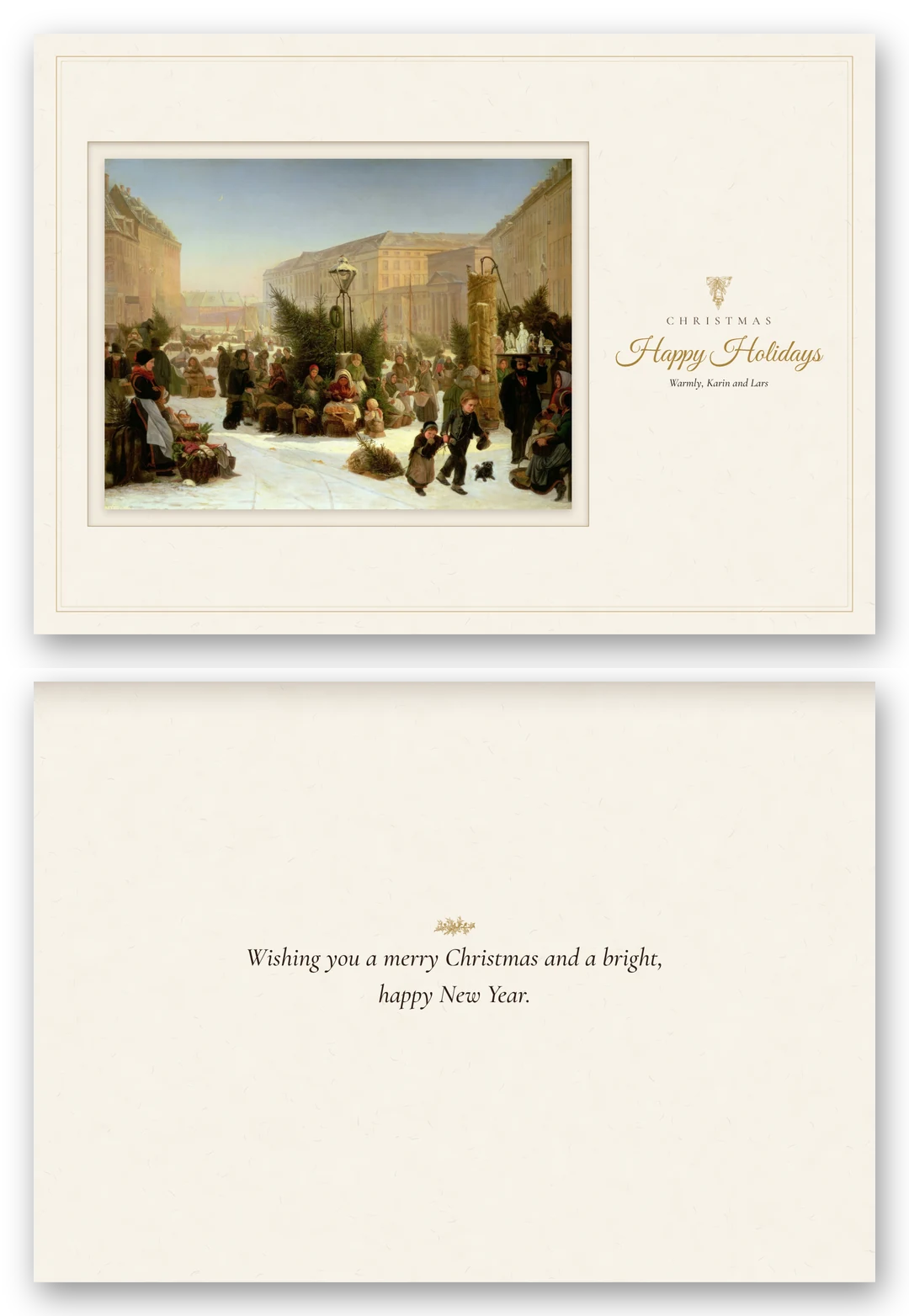 A wide card with Jacobsen's painting of a snowy city square where firs are sold and children pull a tree on a sled, lettered Happy Holidays, above the open card.