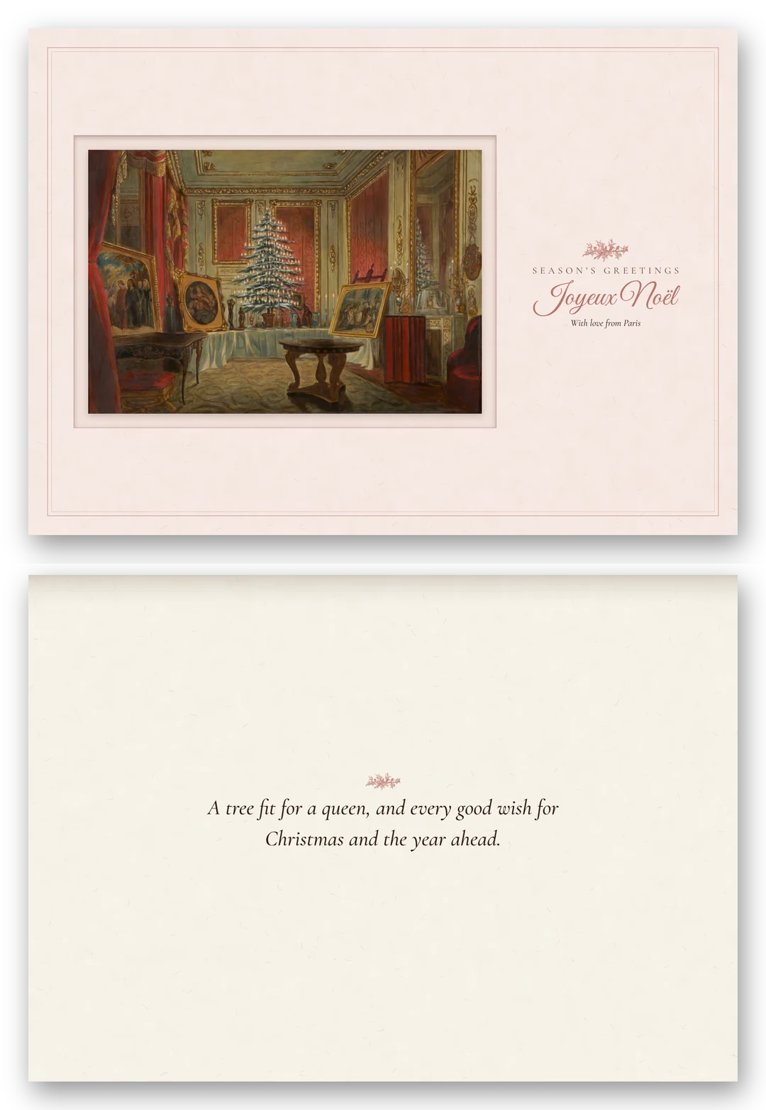 A wide card with Corden's painting of Queen Victoria's decorated Christmas tree in a red palace room, lettered Joyeux Noël, above the open card.