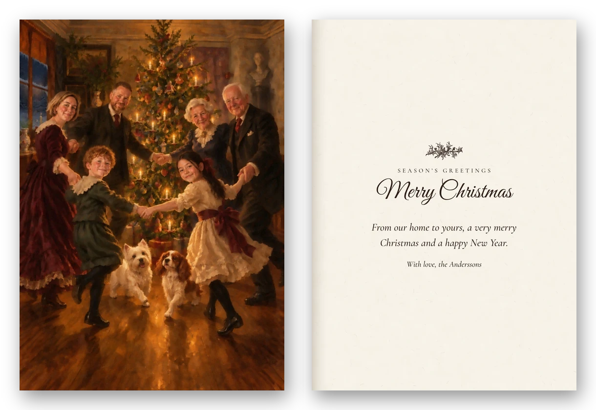 A card whose whole front is a painted portrait of a family and two dogs dancing around a candlelit Christmas tree, beside the inside page lettered Merry Christmas.