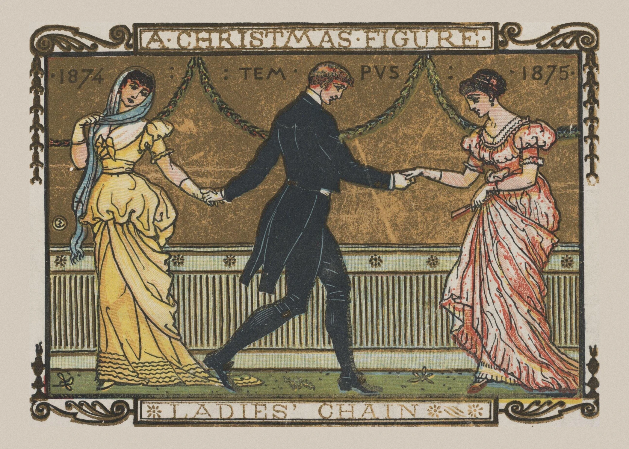 A man in black leads two women in Regency gowns through a dance figure called the Ladies' Chain, under the words A Christmas Figure and the years 1874 and 1875.