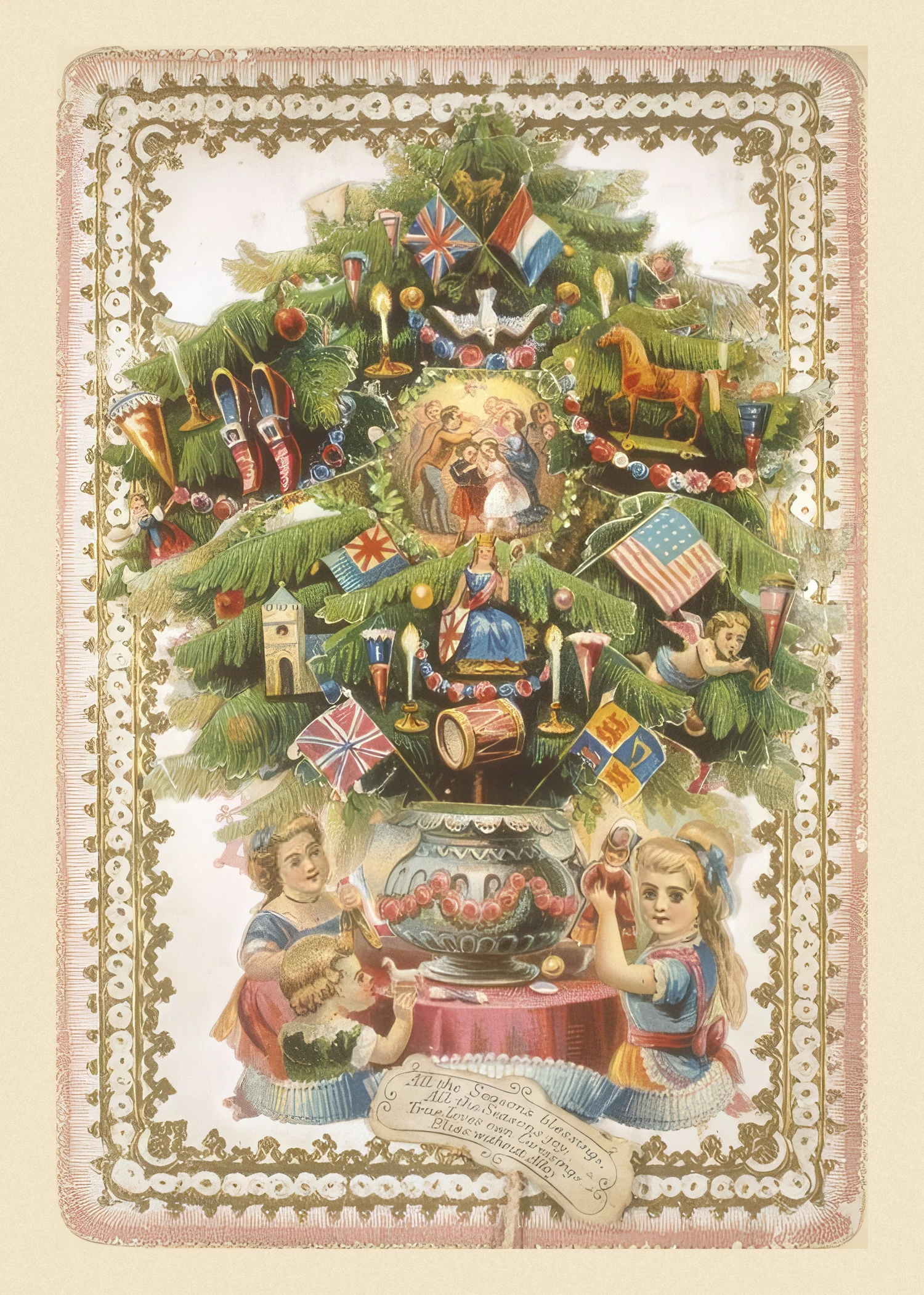 A Christmas tree hung with toys, flags and candles rises from a vase on a table where children play, inside a gilt and pink lace border.