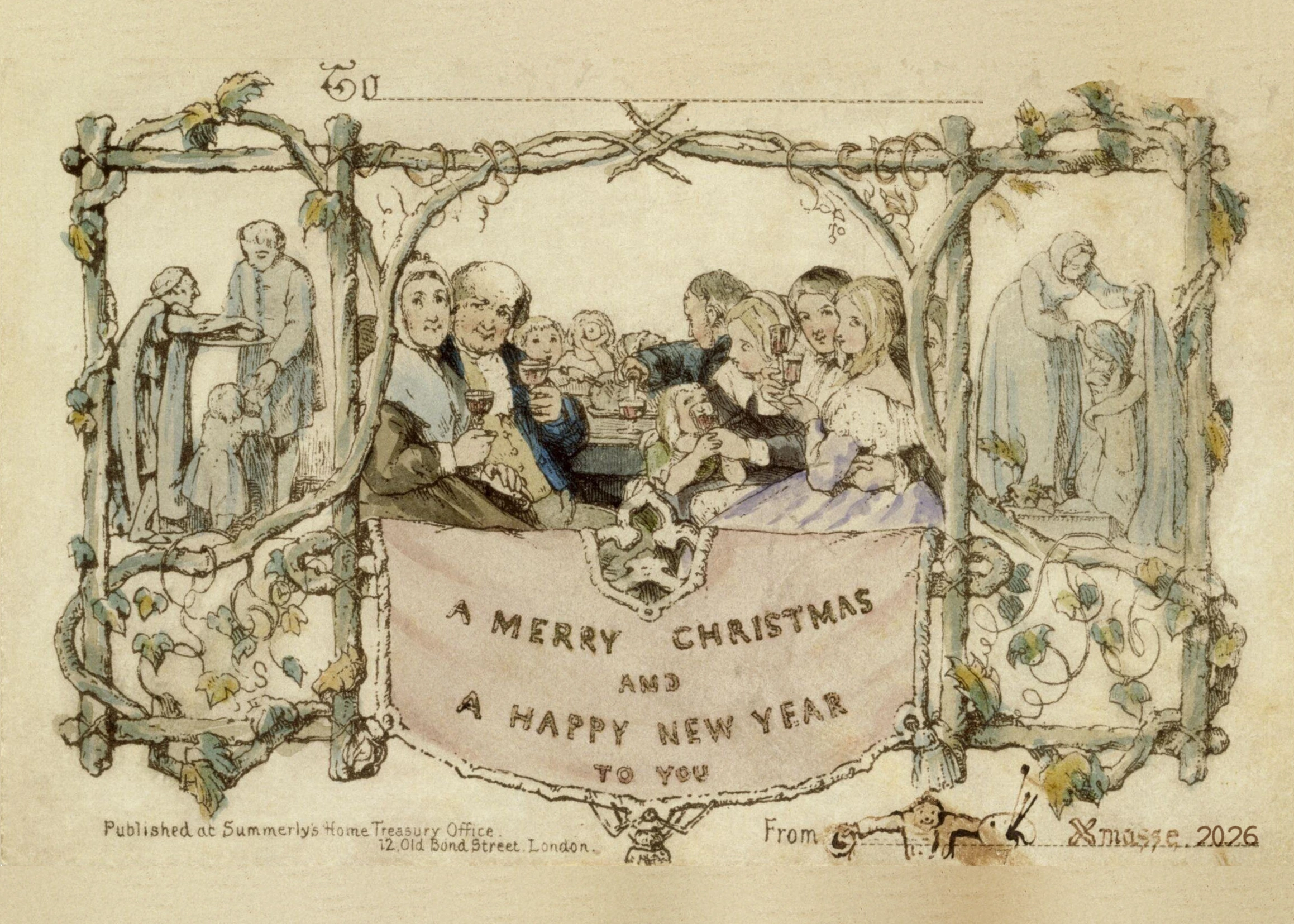 The first Christmas card, designed by John Callcott Horsley in 1843: a family raising glasses at a table inside a trellis of rustic branches, with scenes of charity on either side.