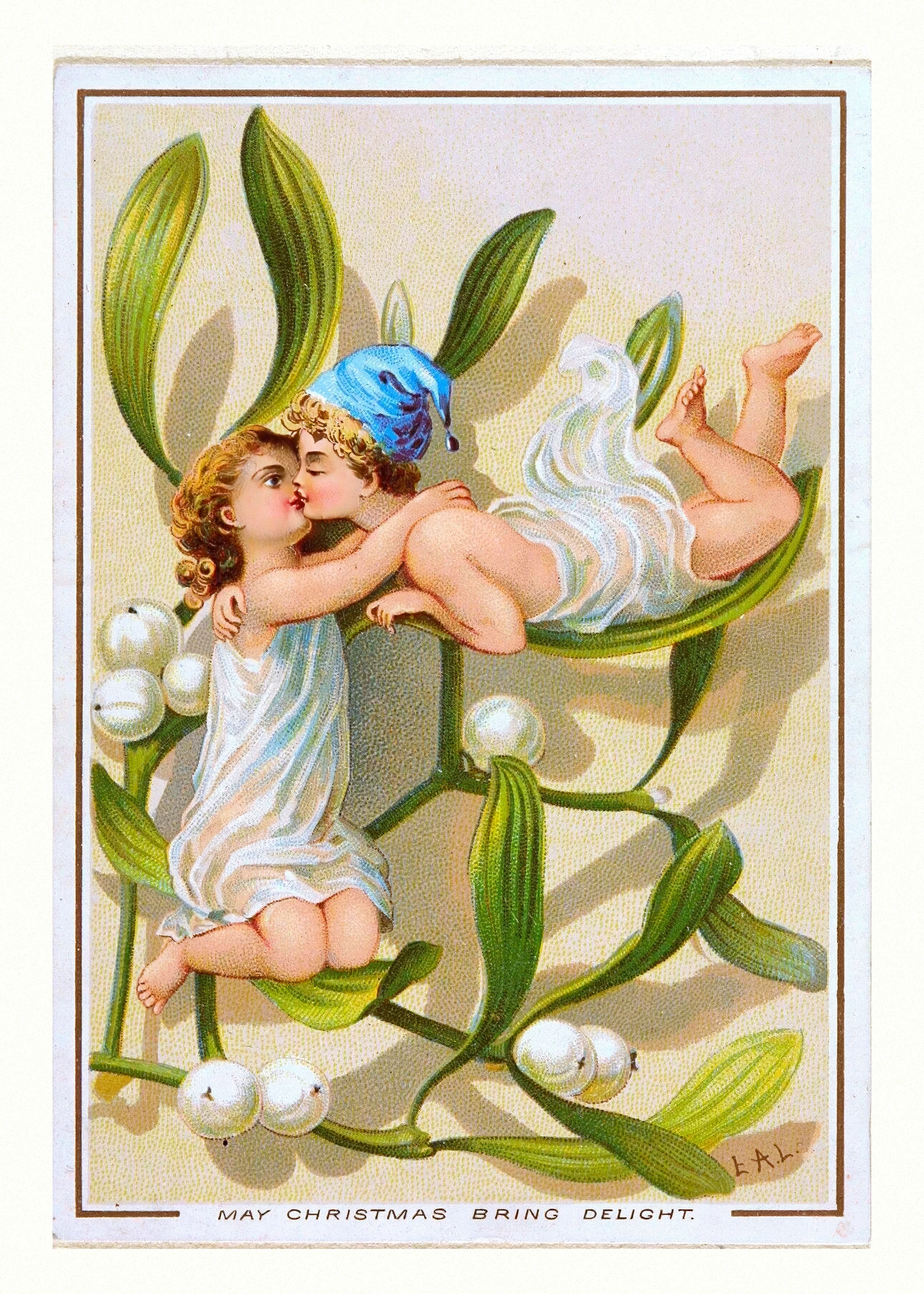Two small cherubs in white and blue kiss on a sprig of mistletoe with white berries, above the words May Christmas bring delight.
