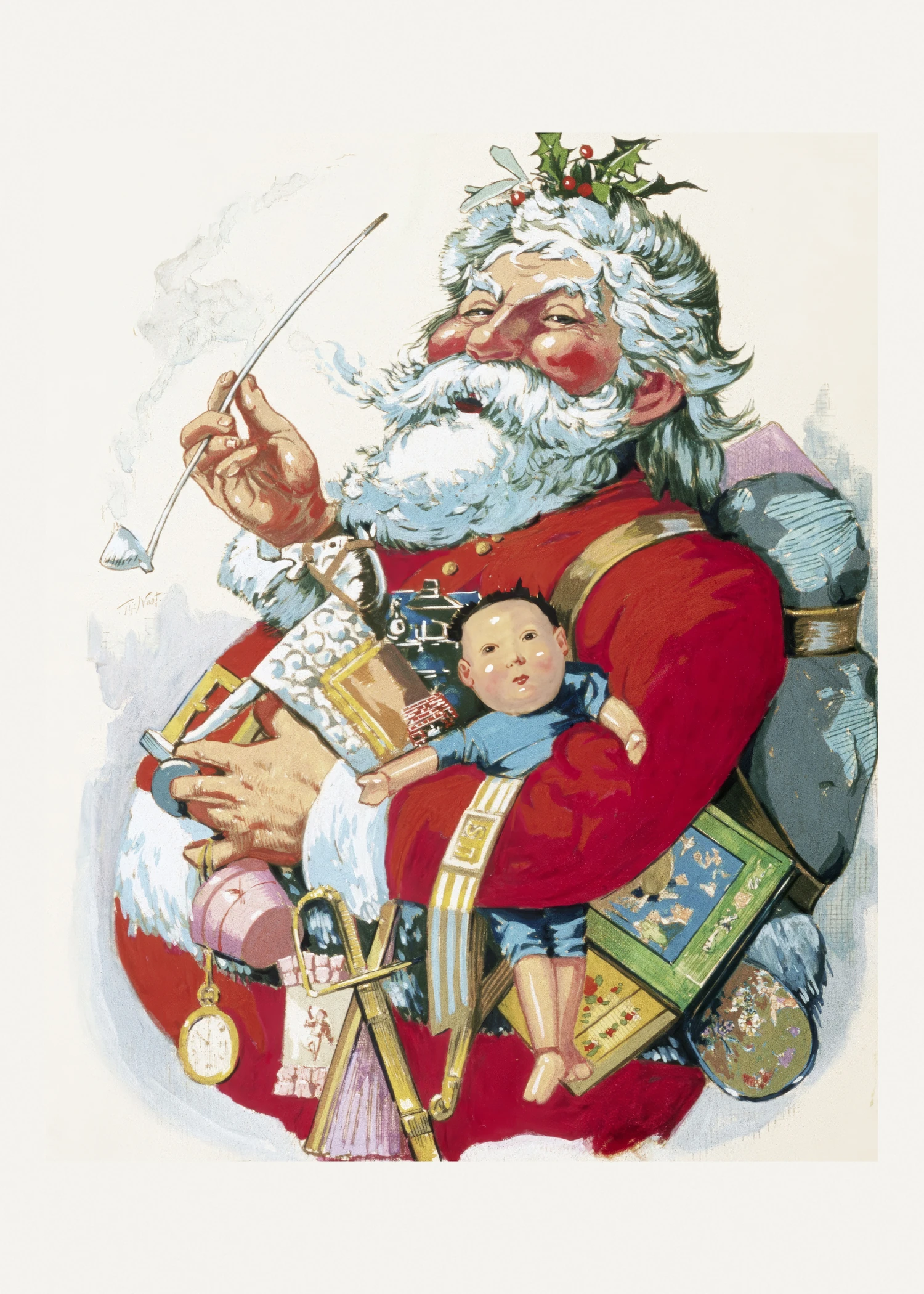 A round, smiling Santa Claus in a red coat smokes a long pipe, his arms full of dolls, toys and a sword.