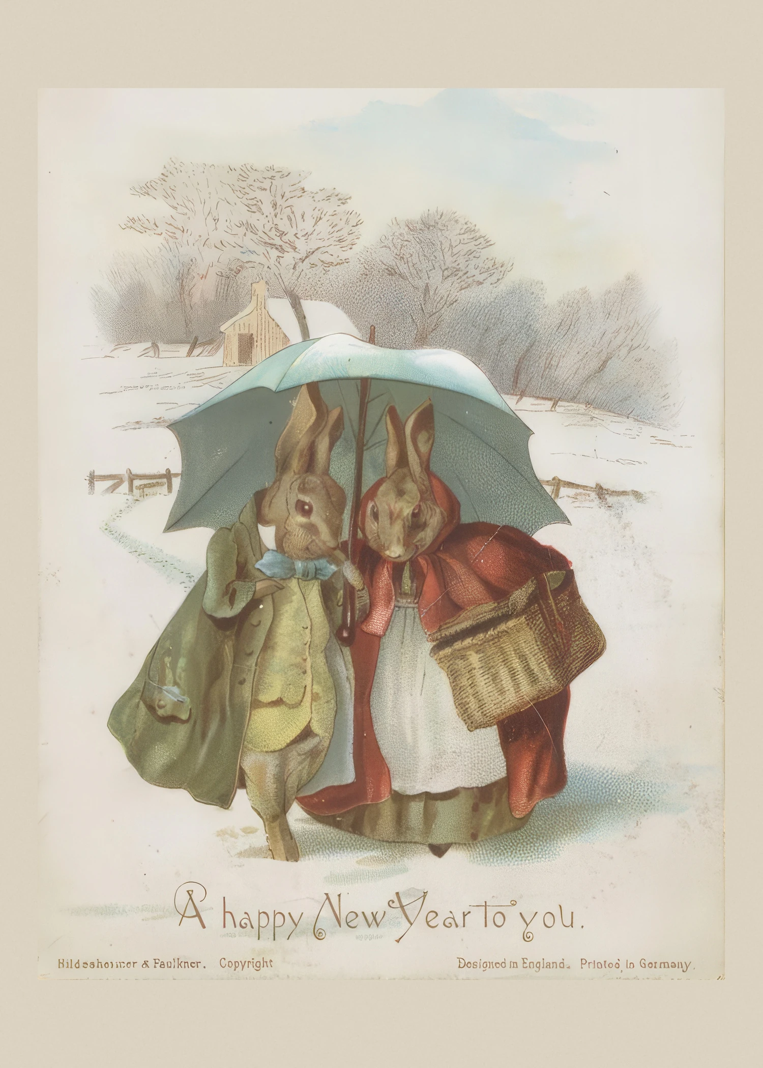 Two rabbits in coats and a red cape walk arm in arm under an umbrella through a snowy landscape, above the words A happy New Year to you.