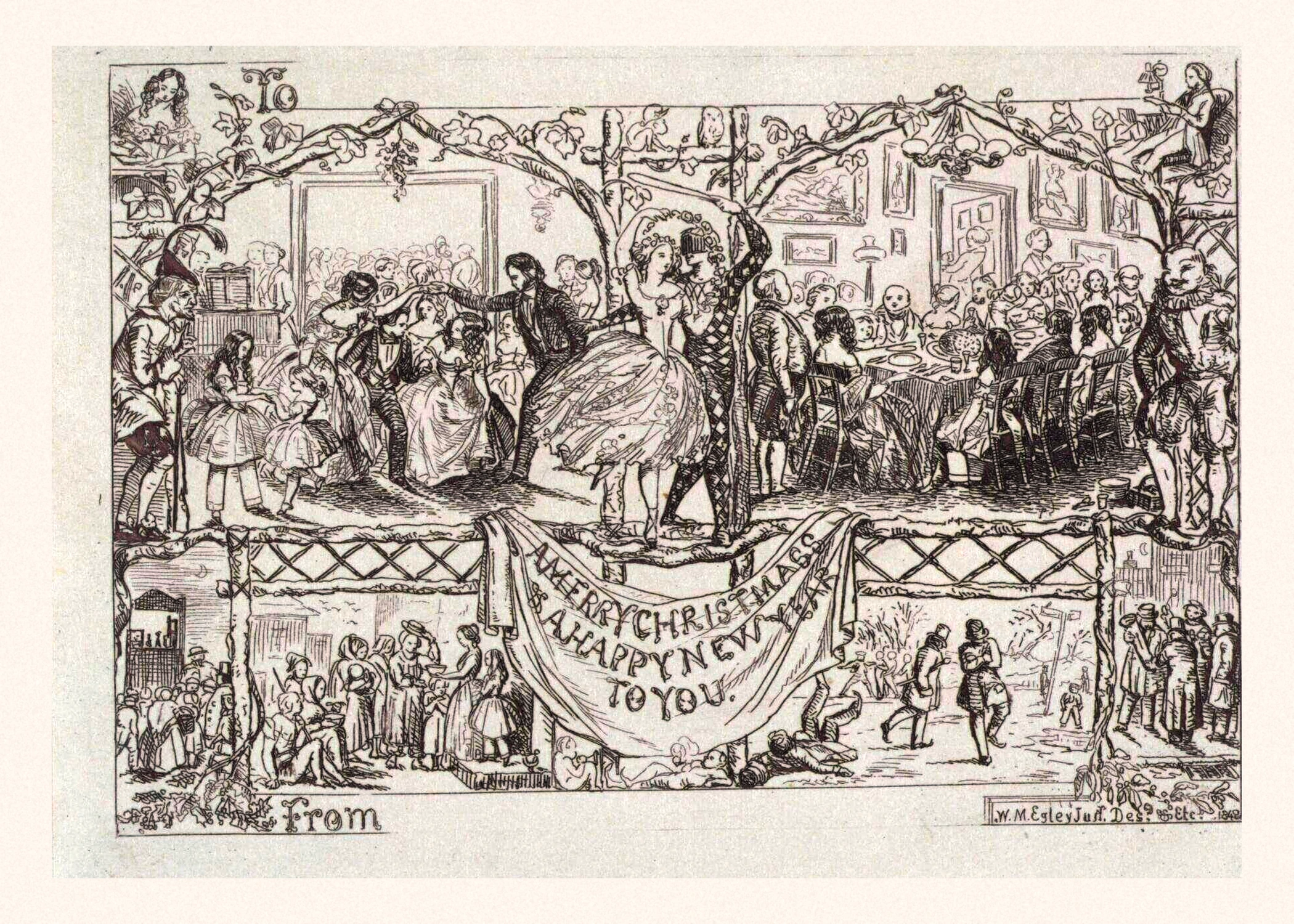 An etched scene of a Christmas ball with couples dancing under garlands, a banner reading A Merry Christmas and a Happy New Year to you, and street scenes below.