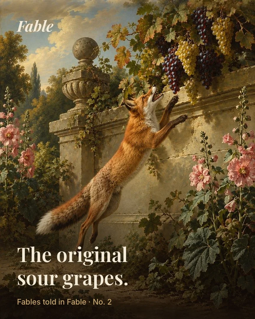 A fox leaping for grapes above a garden wall
