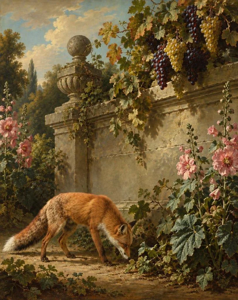 A fox stepping into a walled garden