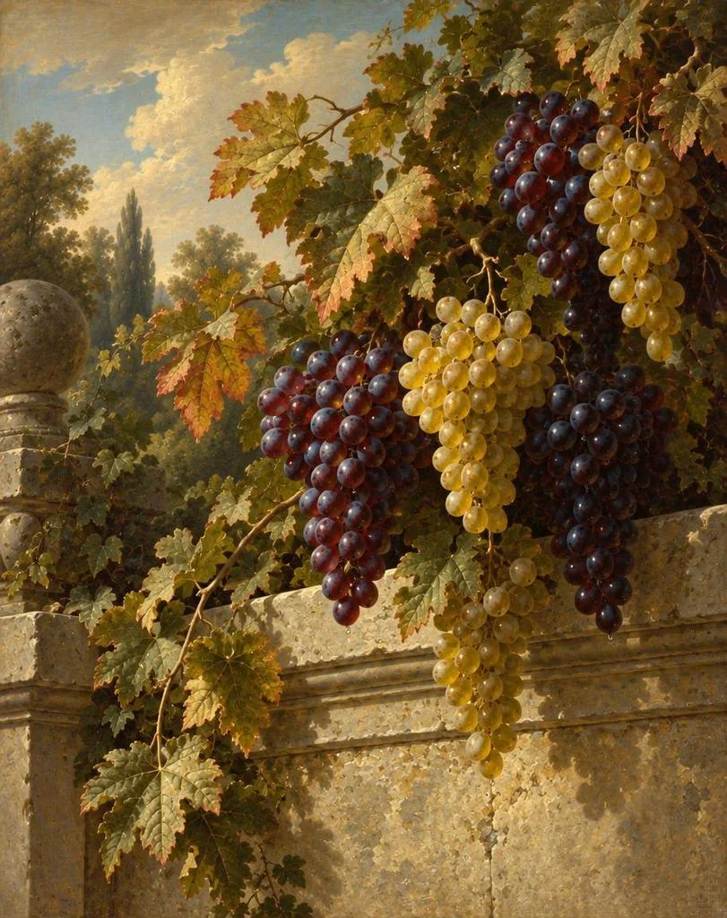 Ripe grapes hanging from a vine above the fox
