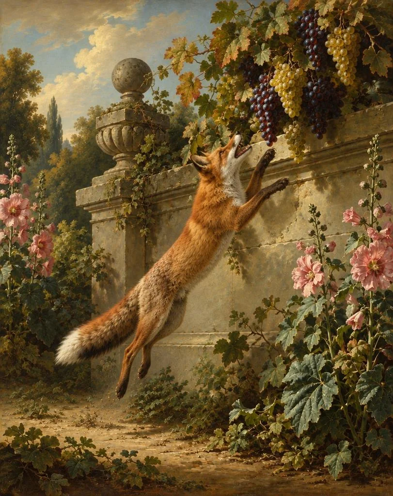 A fox leaping for grapes above a garden wall