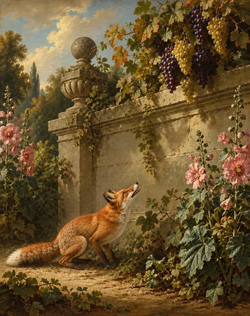 The fox leaping up towards the grapes