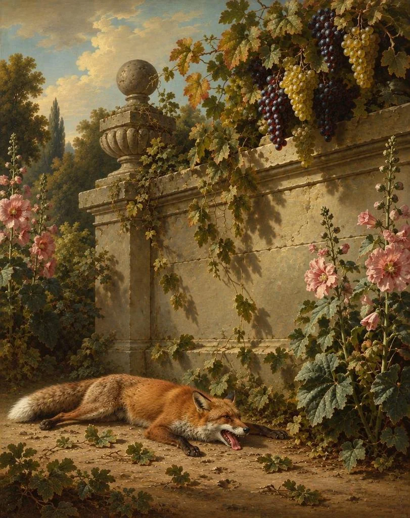 The fox lying tired beneath the vine