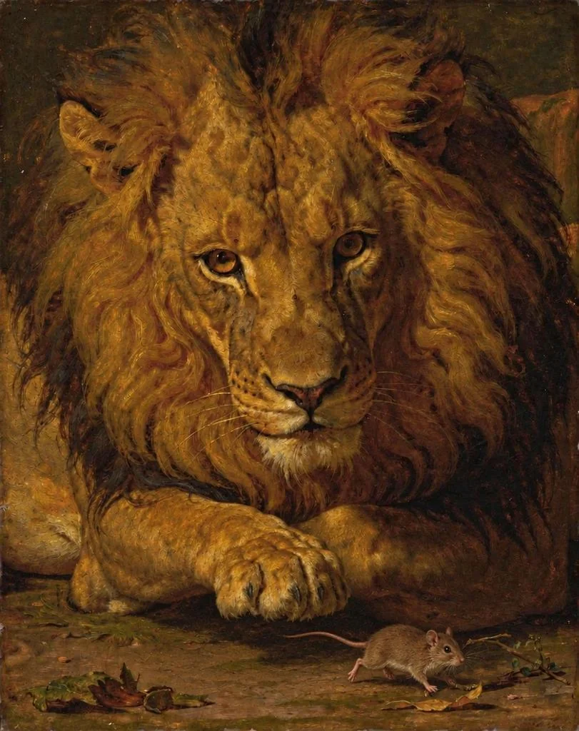 The lion watching as the mouse runs free