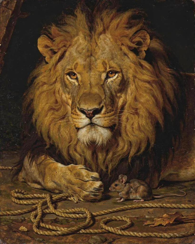 The lion free, the little mouse at his paw