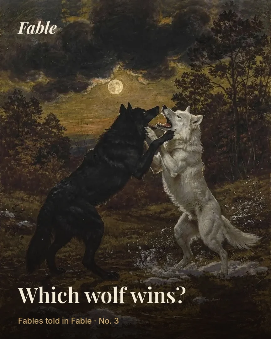 A black wolf and a white wolf rearing up to fight under the moon