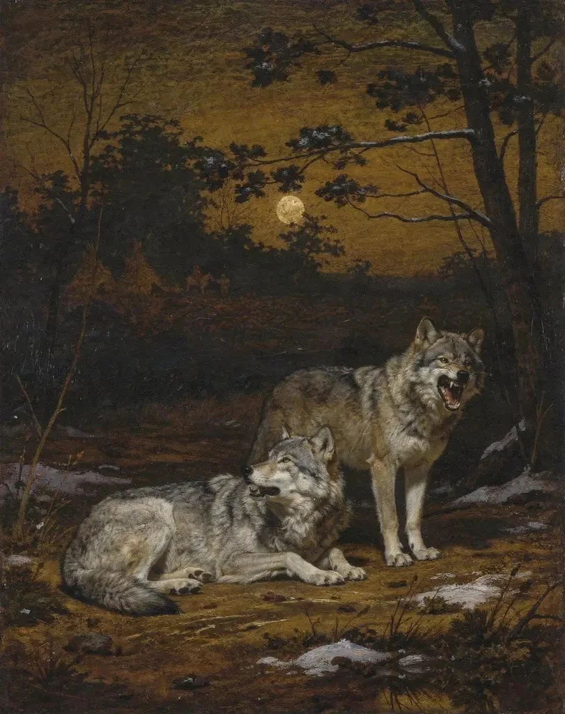 An old grey wolf lying calm as a young wolf snarls beside him under the moon