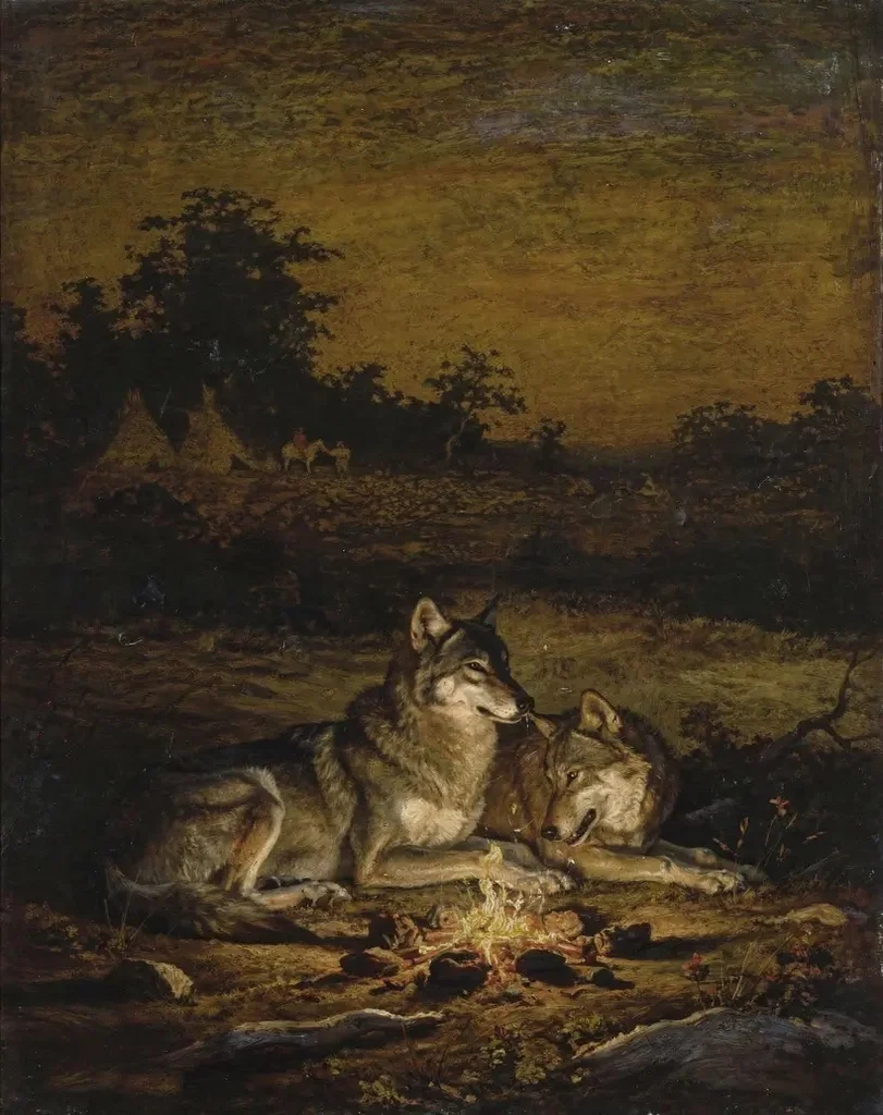 The old wolf and the young wolf lying together by a small fire