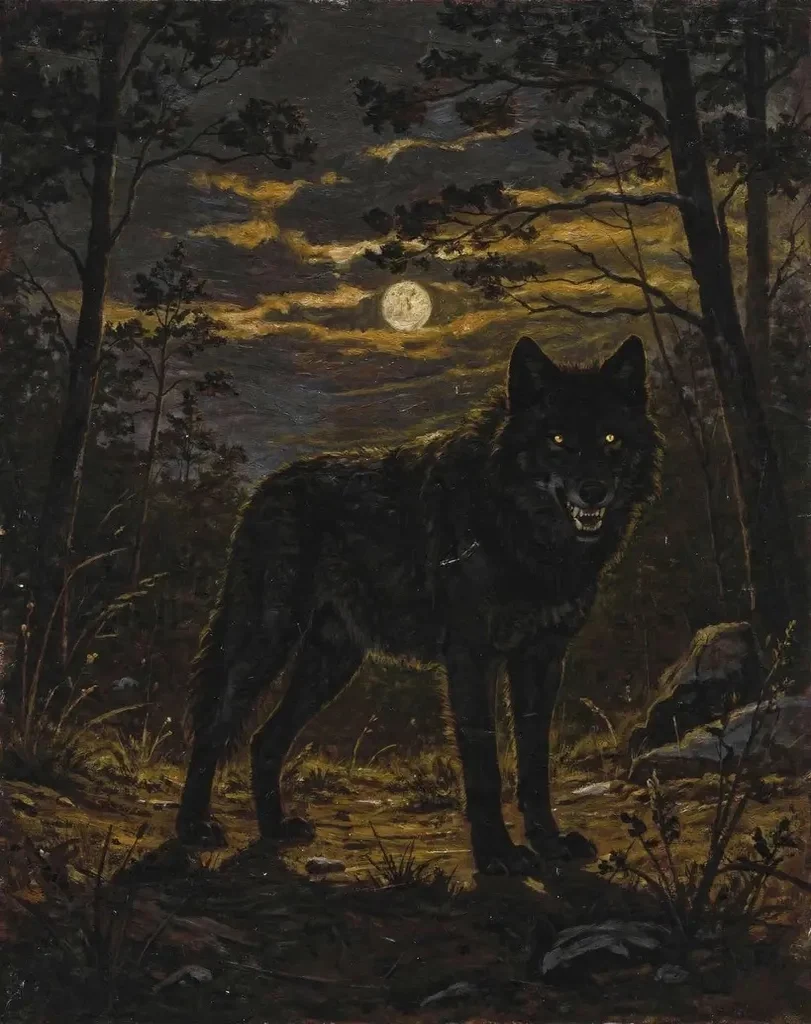 A black wolf snarling in a moonlit forest