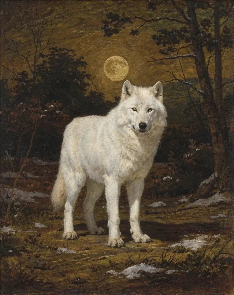 A white wolf standing calm under a full moon